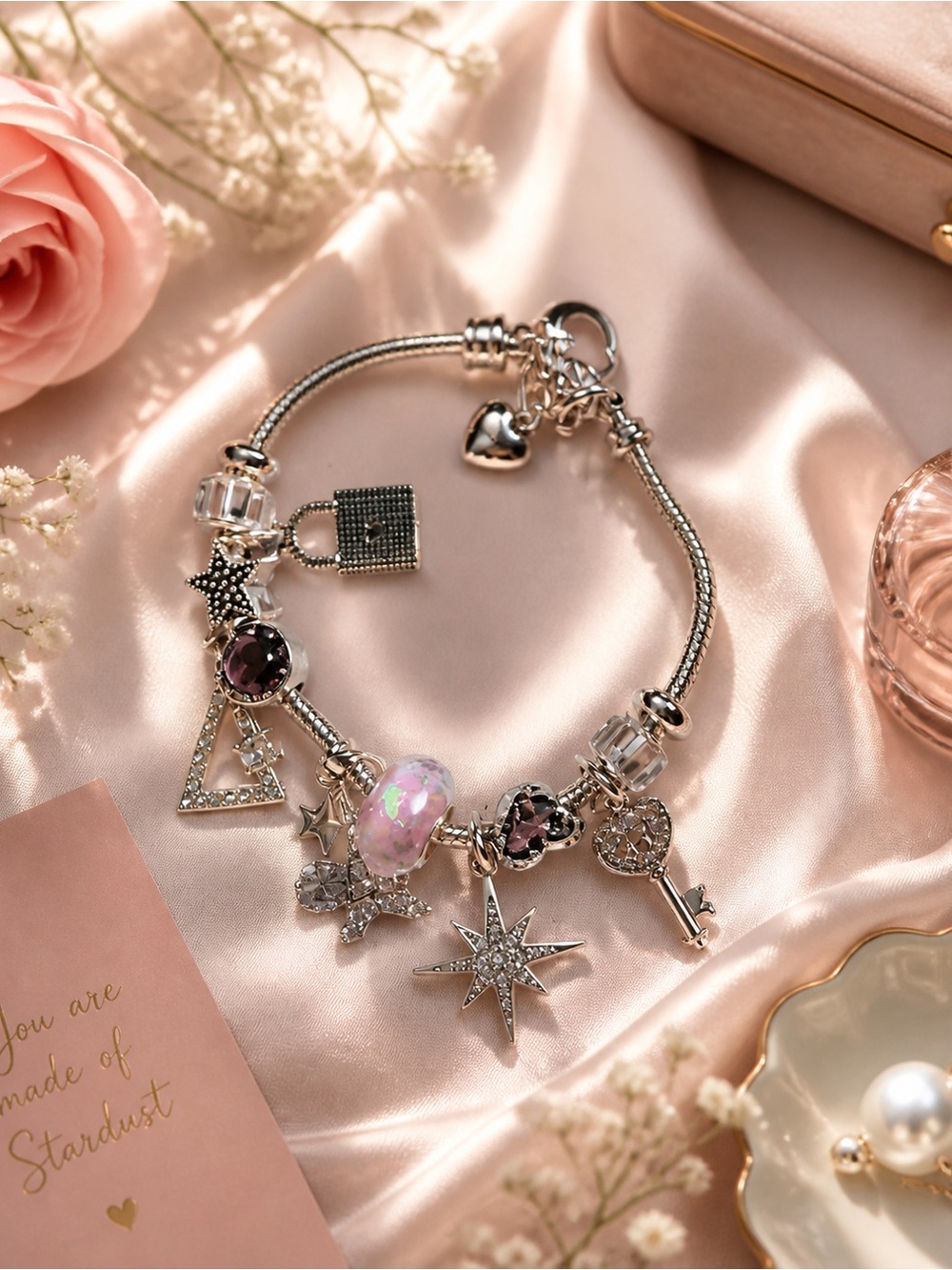 Silver Charm Bracelet with Pink Opalescent Bead